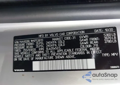 2021 Volvo Xc60 T5 Inscription z USA, uszkodzony, nr VIN YV4102RL1M1753613